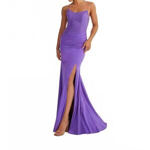 NEW HOUSE OF WU beaded spandex strapless slit gown in purple